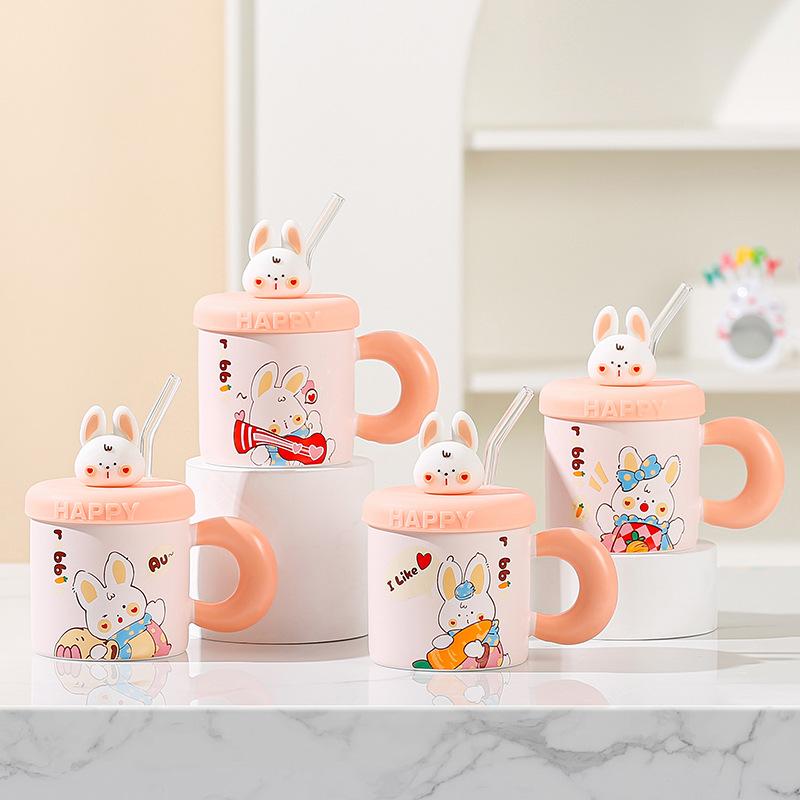 Милый кролик с крышкой и соломенной чашкой, мультяшная дорогая большая емкость, сувенирная кружка для девушек и пар, керамический набор чашек