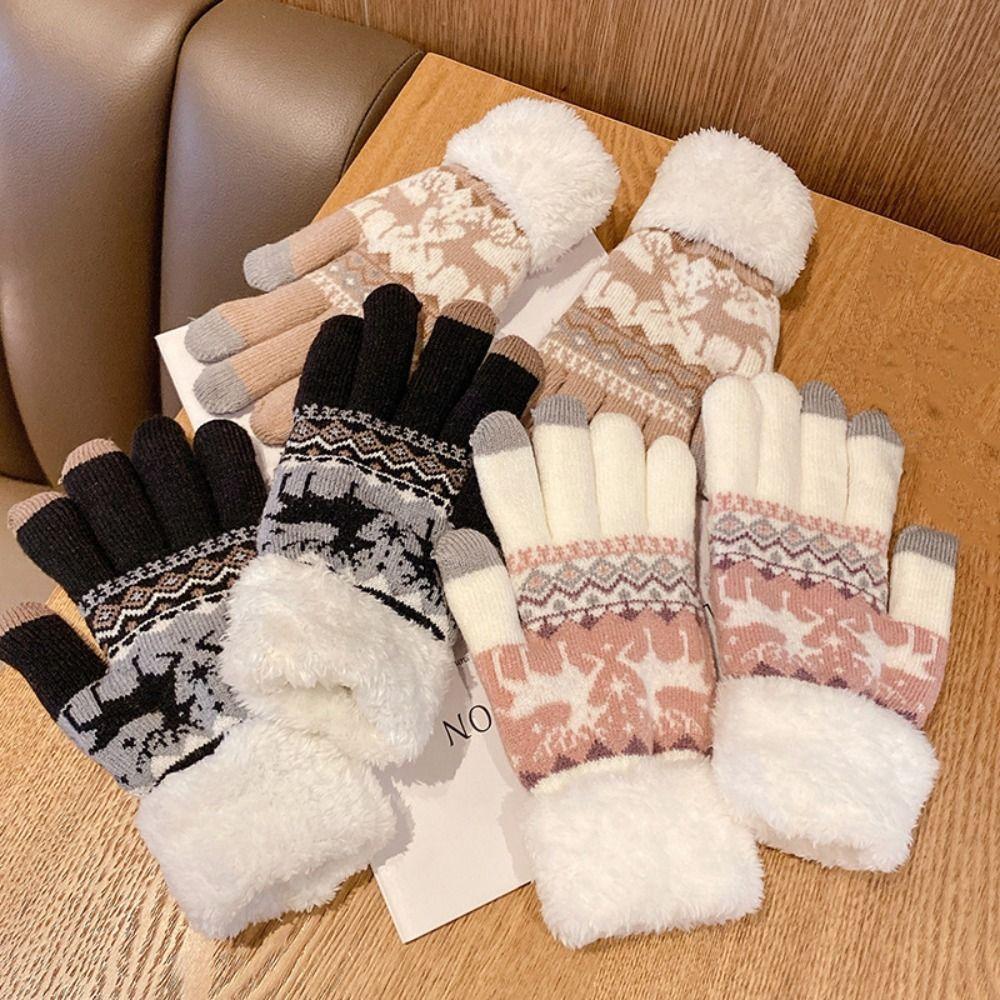 Wool Christmas Knitted Gloves Thickened Winter Mittens Simple Full Finger Gloves Women