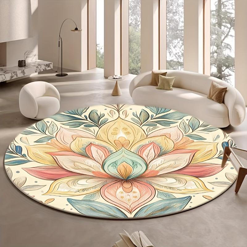 Bohemian Floral Round Mat – Machine Washable Polyester Rug for Yoga, Living Room & Outdoor Use
