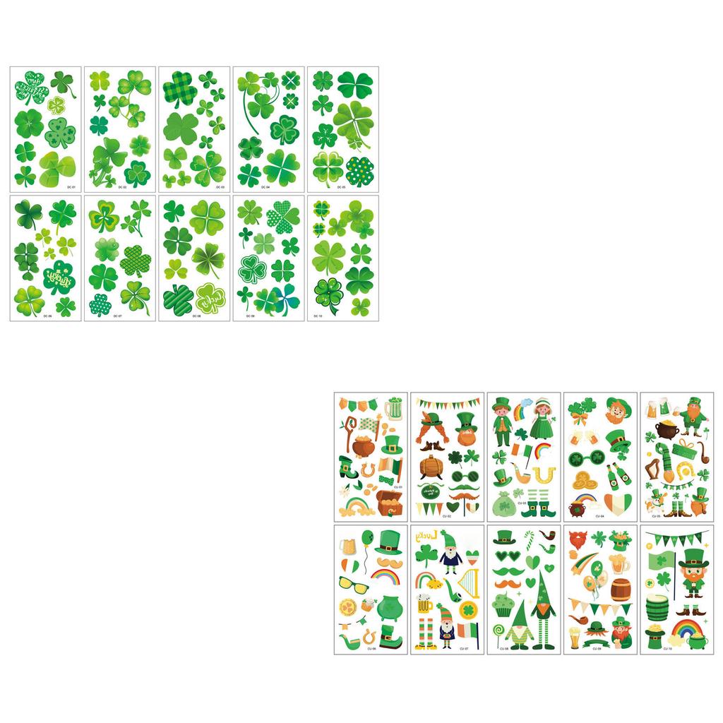 Green Hat And Floral Pattern Temporary Tattoos, Irish Festival Stickers, St. Patrick's Day Temporary Tattoos.