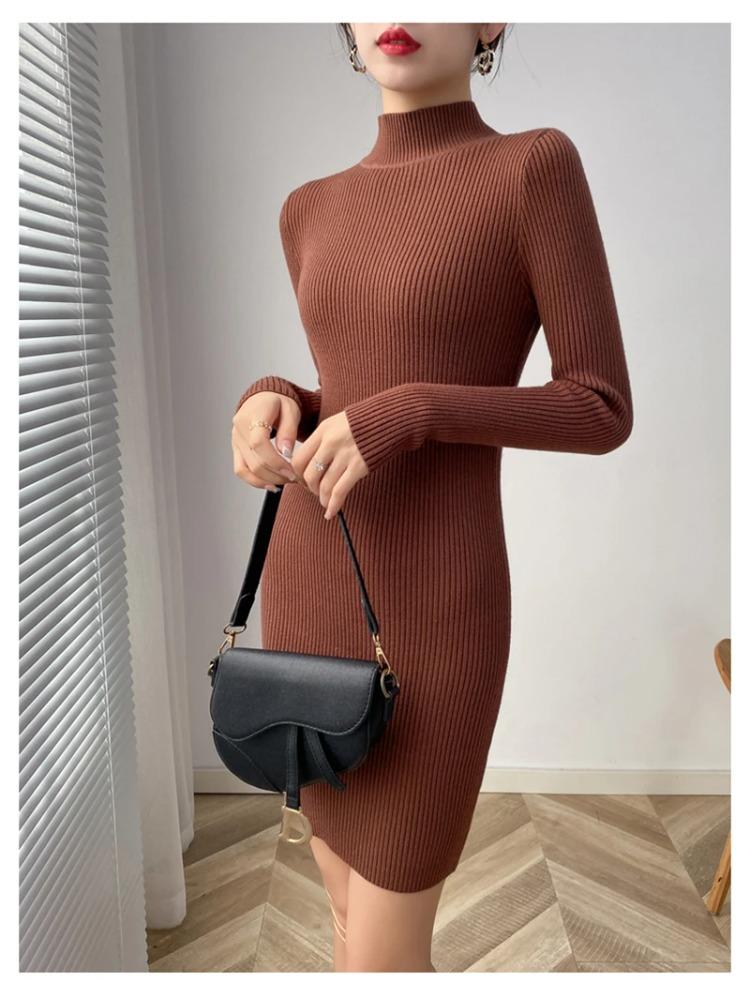 Женское облегающее платье-свитер с воротником-стойкой, длинное трикотажное сексуальное облегающее платье, базовое повседневное платье для женщин
