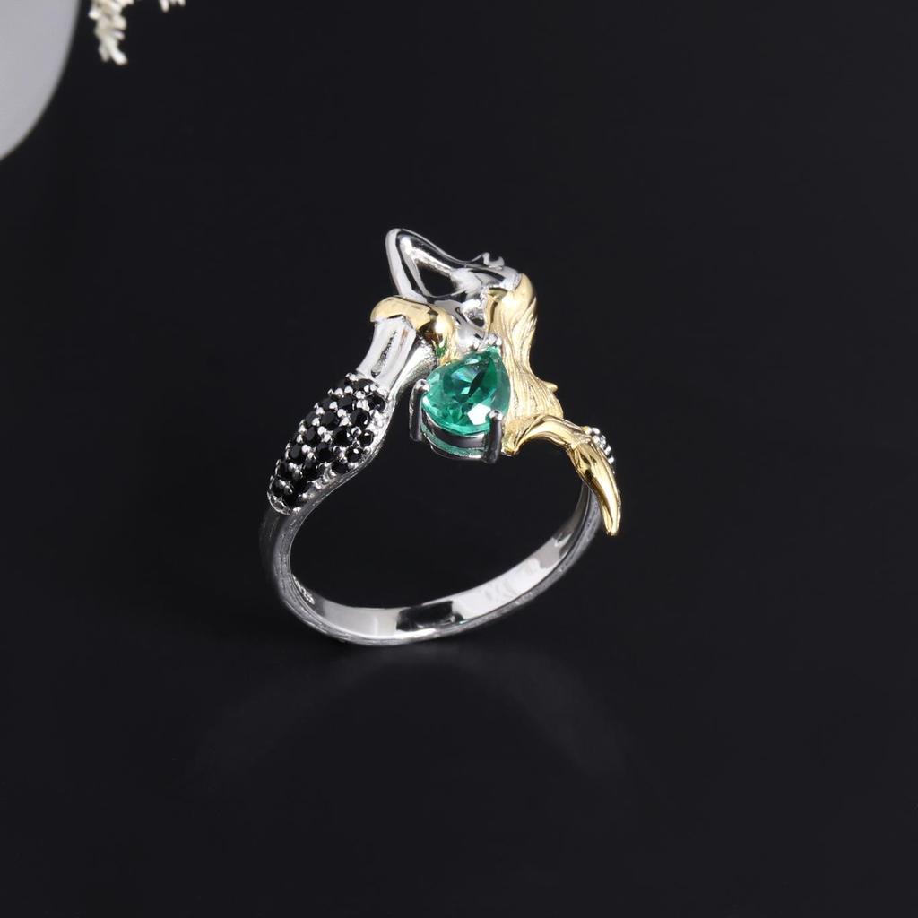 Elegant Mermaid Design Created Pear 5*7mm Emerald Nano Ring 925 Sterling Silver Jewelry for Women's Proposal and Banquet Gifts