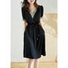 Fashion Temperament Adjustable Waist Black Dress for Women Summer Short-sleeved Ladies Dresses