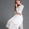 Европа, Америка, Весна Новая Женская Одежда ebay Платье с Круглым Вырезом Кружево Длинный Рукав Приталенный Средней Длины