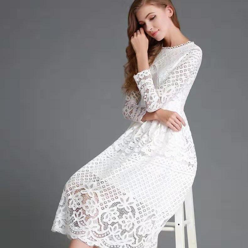 Европа, Америка, Весна Новая Женская Одежда ebay Платье с Круглым Вырезом Кружево Длинный Рукав Приталенный Средней Длины
