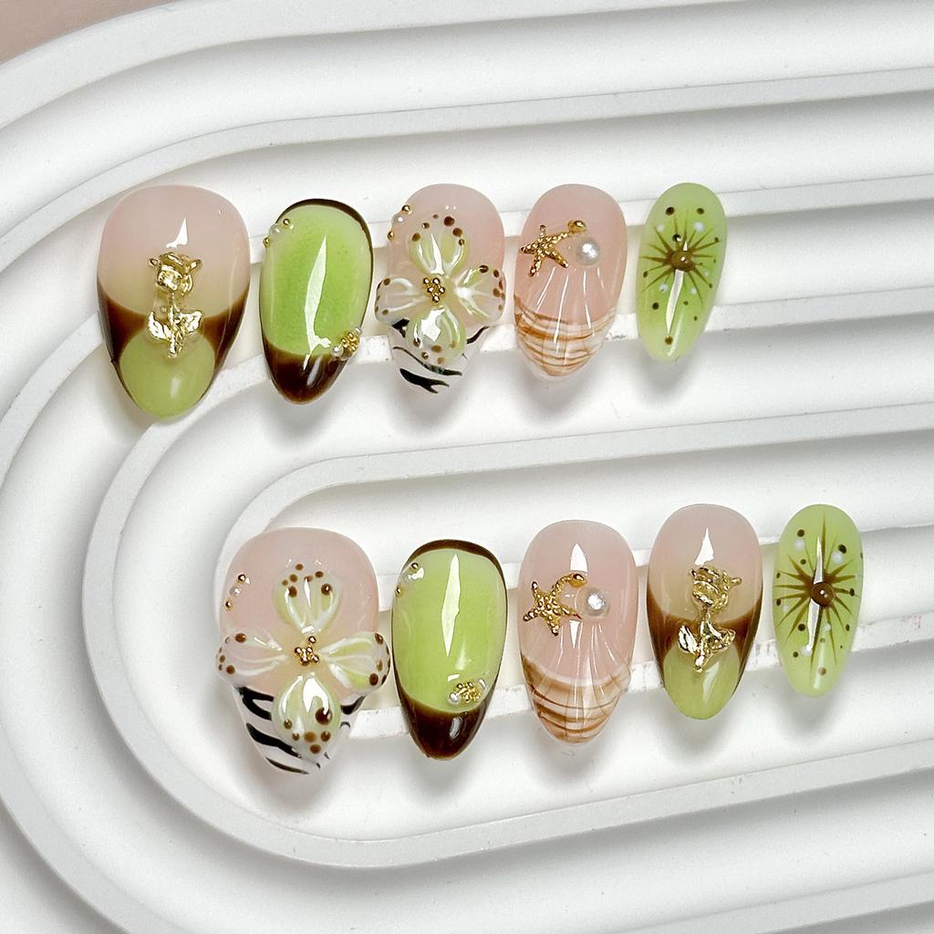 Women Sweet‑Cool Press‑On Nails European‑American‑Style 3D‑Carved French‑Style Vital‑Green Hand‑Painted False Nail Tips