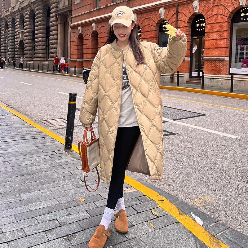 Новая длинная ромбовидная куртка из хлопка на пуху выше колена с капюшоном, утолщенная, теплая, свободного кроя