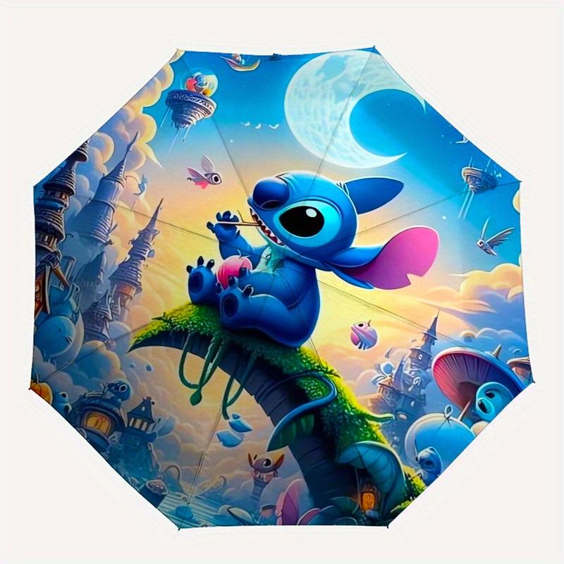 Stitch,Fantasy Village Fully automatic themed umbrella 8 ribs durable iron frame, tri fold compact design, perfect as a gift, travel umbre