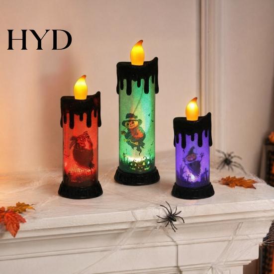 Flameless Halloween Candle Light Electronic Light, Fun Spooky LED Candle, 3-Color Flickering Three-color Luminous Realistic Flame Safe