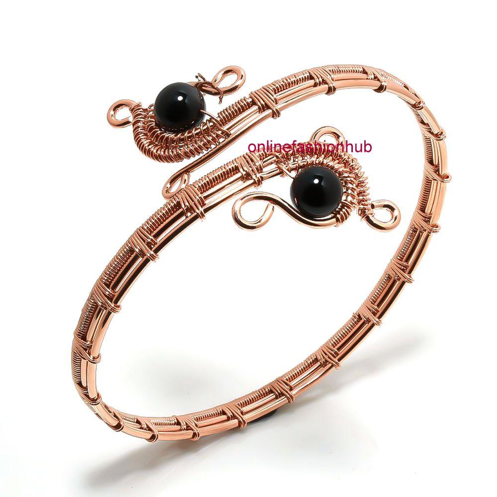 Браслет-манжета из медной проволоки ручной работы с драгоценным камнем из черного оникса HCWB-B9