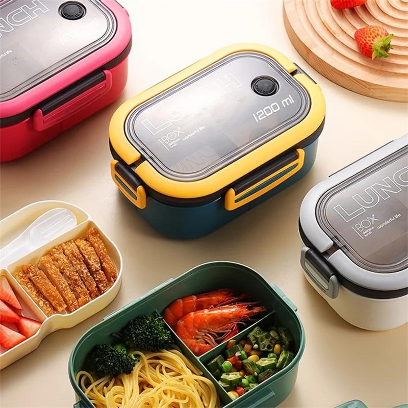1200 мл 2-слойный ланч-бокс Bento с ложкой и вилкой, детские контейнеры для еды в микроволновой печи большой емкости, портативные герметичные для офиса и кемпинга