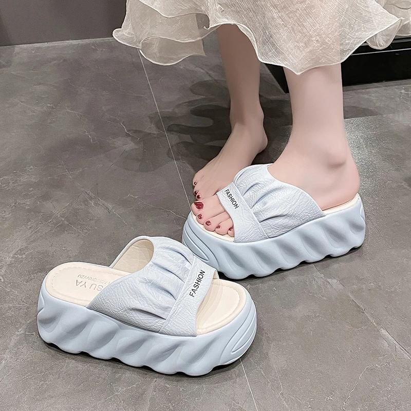 Мода 8,5 см Новые шлепанцы на платформе Женские Летние Уличные На высоком каблуке Кожаные Массивные Сандалии Повседневные С открытым носком Вьетнамки Пляжные Туфли на танкетке