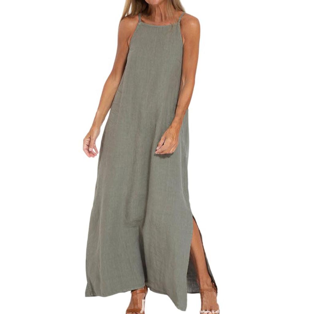 Женские модные повседневные свободные платья из хлопка и льна с разрезом без рукавов