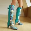 Autumn/Winter New Trade Round Toe Patchwork High Heels Knee High Boots Floral Fabric Keep Warm Women's Shoes Big Size 35-43