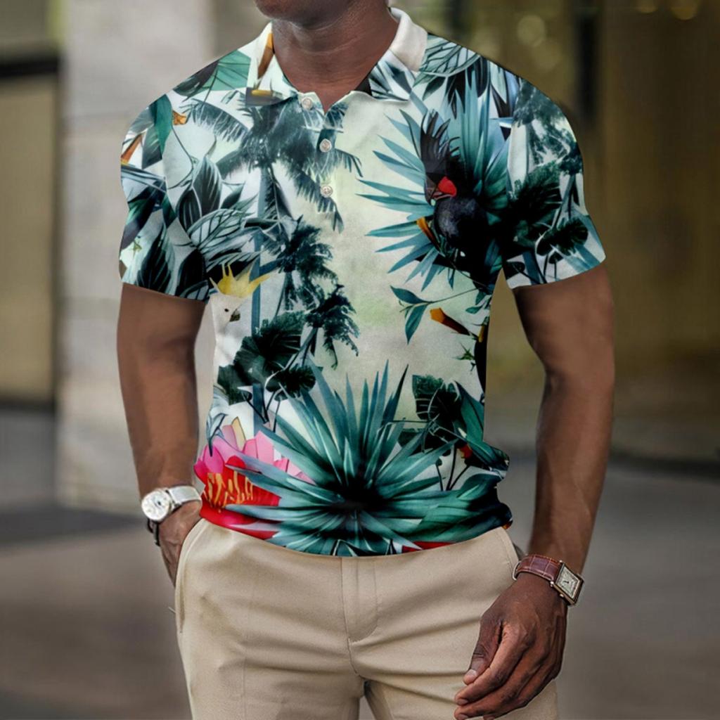 Men's Summer Hawaii Printed Golf Shirt Botton Short Sleeve Top Men's Casual Fashion Shirt