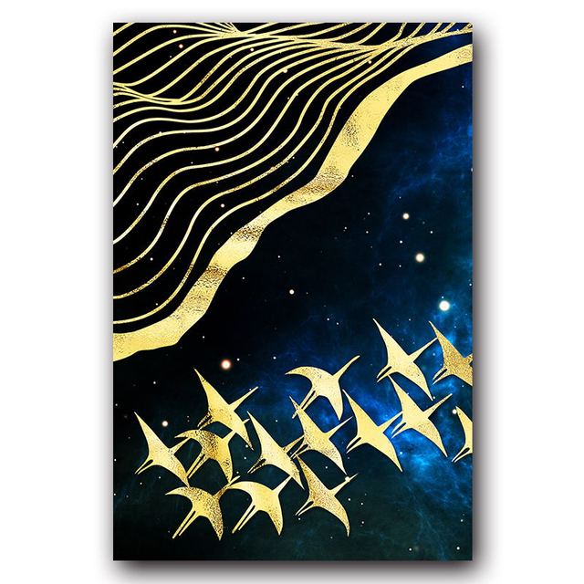 Ночное небо, золотая луна и птица, европейский абстрактный высококачественный холст, постер, настенная живопись, пейзаж, картина, домашний декор