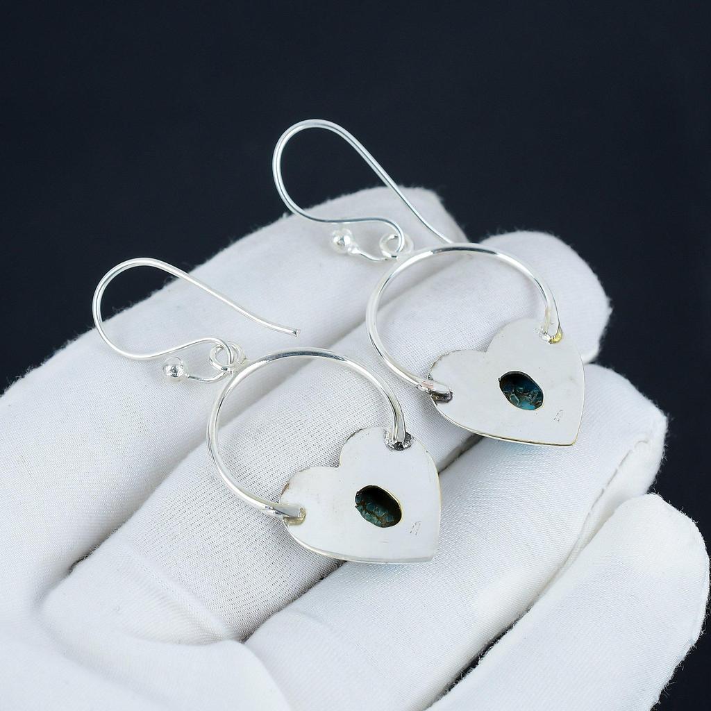 Серьги в форме сердца из натурального медно-бирюзового камня, серьги из стерлингового серебра 925 пробы, серьги-подвески из серебра ручной работы в стиле бохо, подарок из ваты