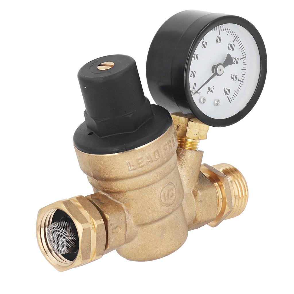 Редукционный клапан давления воды латунный регулируемый 160 фунтов на кв. дюйм с манометром, сетчатый фильтр на входе для автодома