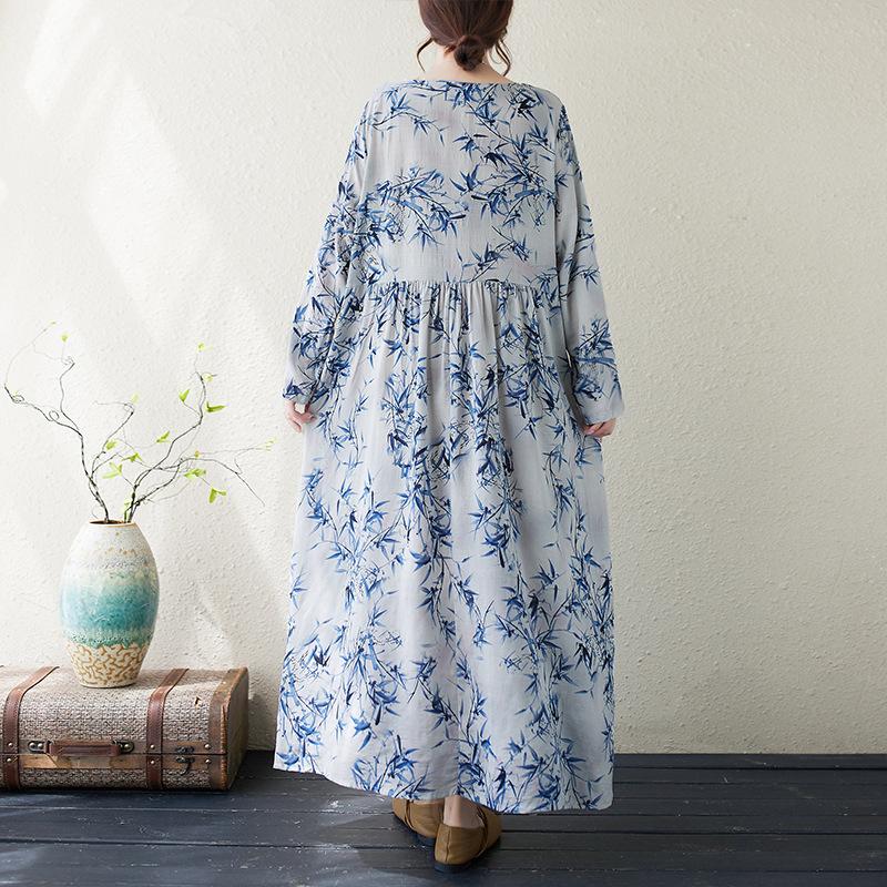 Осеннее хлопковое конопляное платье с круглым вырезом, свободного размера, с длинным рукавом, для женщин, винтажные платья в стиле бохо