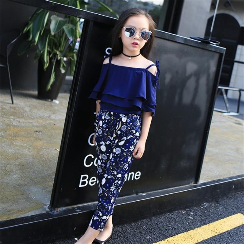 2023 модная летняя детская одежда из 2 предметов для подростков, футболка с открытыми плечами + брюки с цветочным принтом для детей 3-10 лет, рост 110-160 см