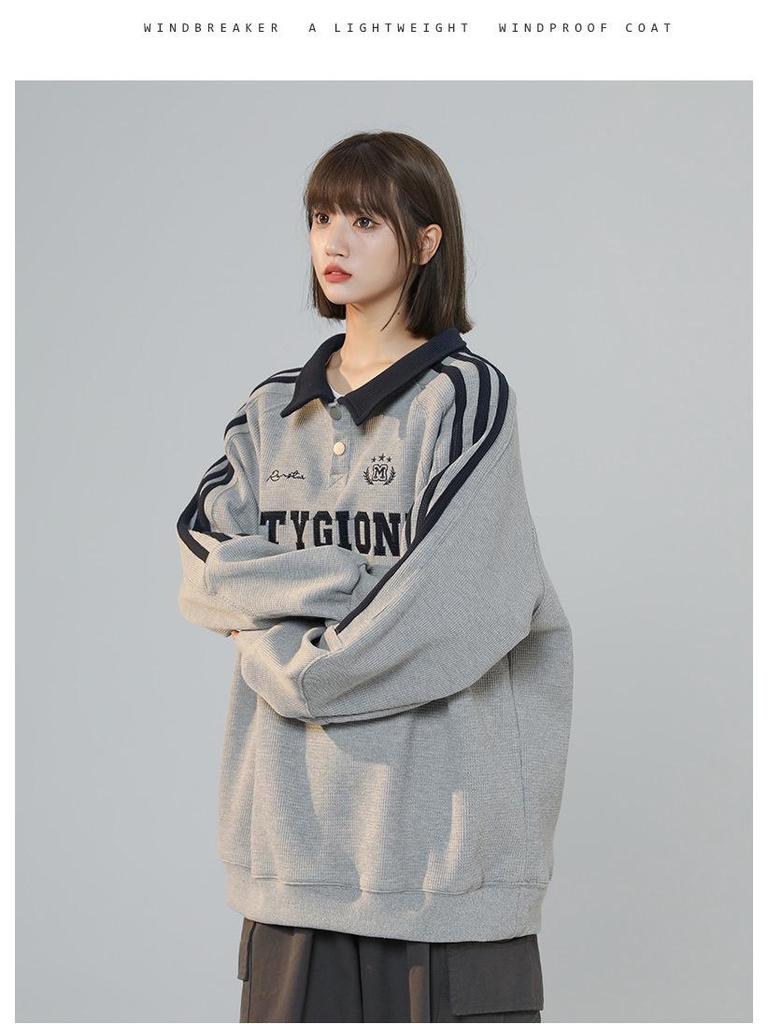 Женский серый свитшот с вышивкой и воротником поло - Свободный крой оверсайз, Тренд весна/осень 2025