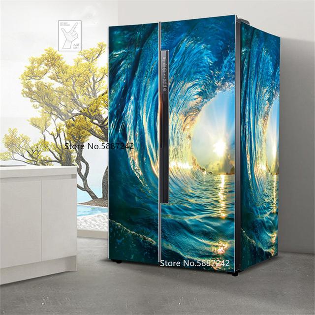 Наклейки на холодильник с морским пейзажем для обоев на холодильник, виниловые самоклеящиеся декорации для пейзажей, пленка для морозильной камеры, пляжная крышка для кухни