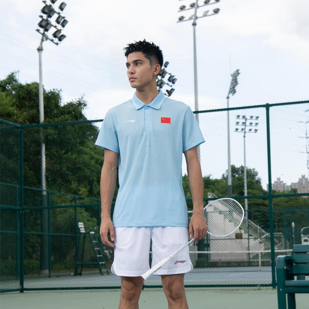 Li Ning Sponsorship Series Brand Logo Print Slim Fit Short Sleeve Polo Shirt Men Polo Shirts New-Aurora-Blue APLS227-1