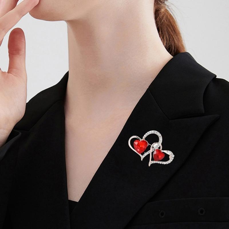 Trendy Rhinestones Double Heart Brooches for Women and Men Valentines Day Party Accessories Gifts Daily Casual Wear