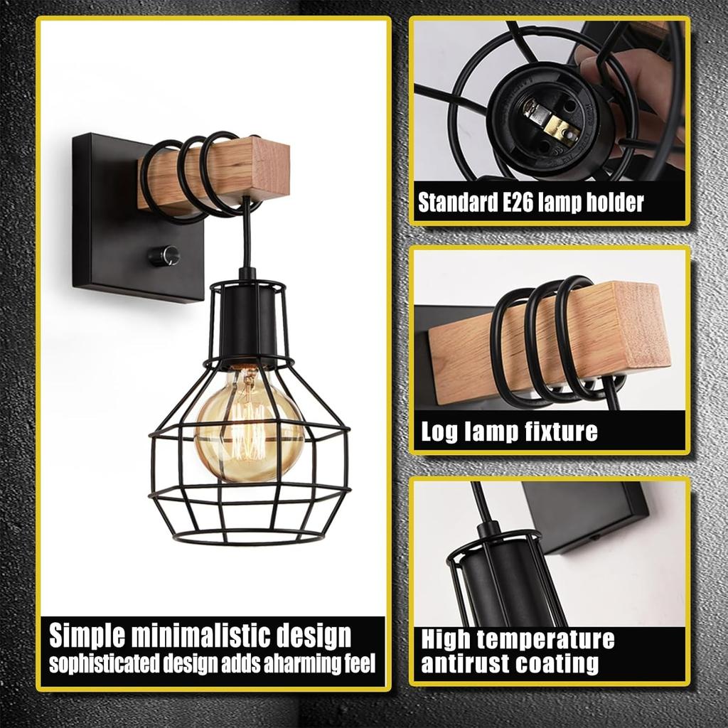 Set of 2 Industrial Wall Sconces with Dimmer ON/Off Switch,Farmhouse Wall Mount Light with Metal Cage Shade,Black Wall Lights Indoor for Kitchen