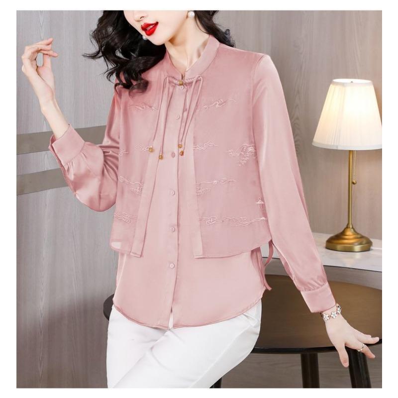 Новый китайский вышитый повседневный шифоновый топ женский с длинным рукавом осенний для мамы рубашка-обманка из двух частей
