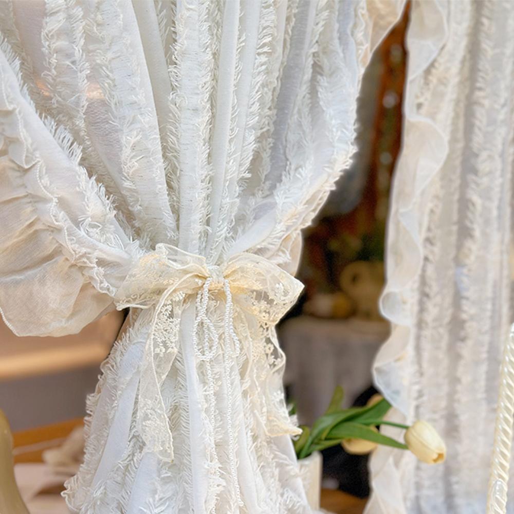 Japanese Fringe Curtain, French Cream Linen Cutout Drapes, Light-Filtering Privacy Protection, Minimalist Design for Livin