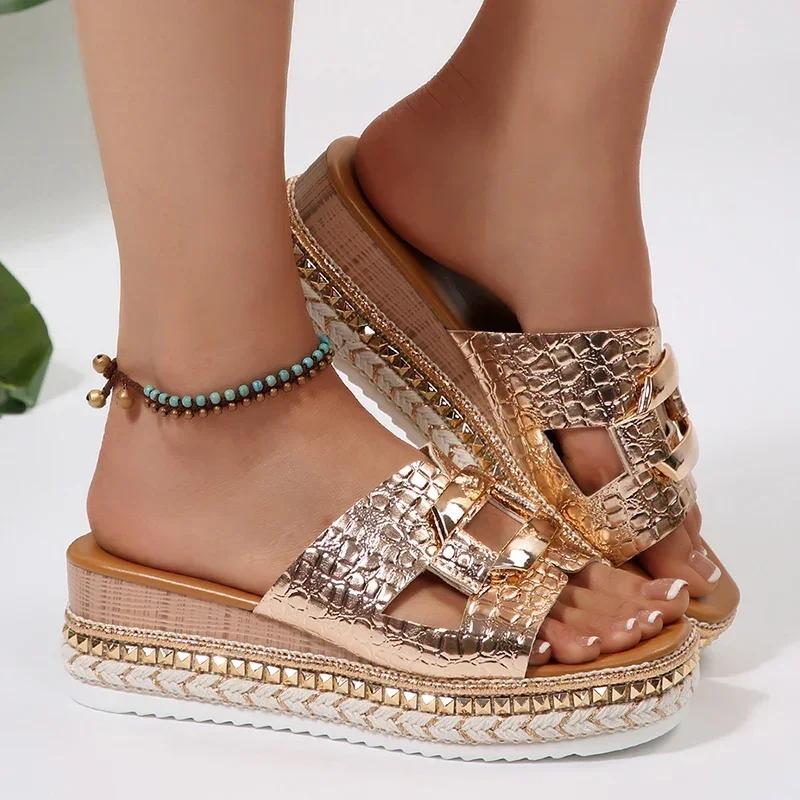 Fashion Platform Wedge Sandals for Women 2025 Summer Square Toe Thick Bottom Slippers Woman Plus Size Rivets Decor High Heel Sandles New
