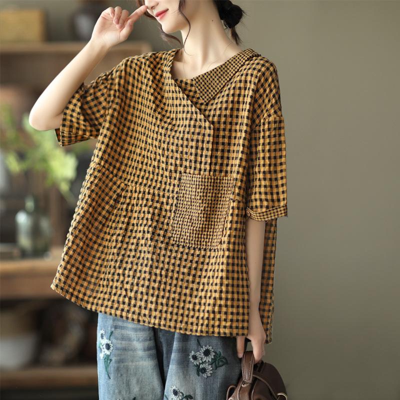Модная хлопковая льняная футболка женская с коротким рукавом и полулацканами, летний тренд, винтажный карман, большой размер, свободная клетка