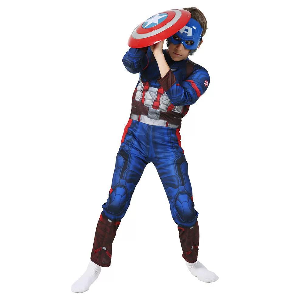 Boys Captain America Muscle Cosplay Outfit, Superhero Halloween Role Play Performance Costume