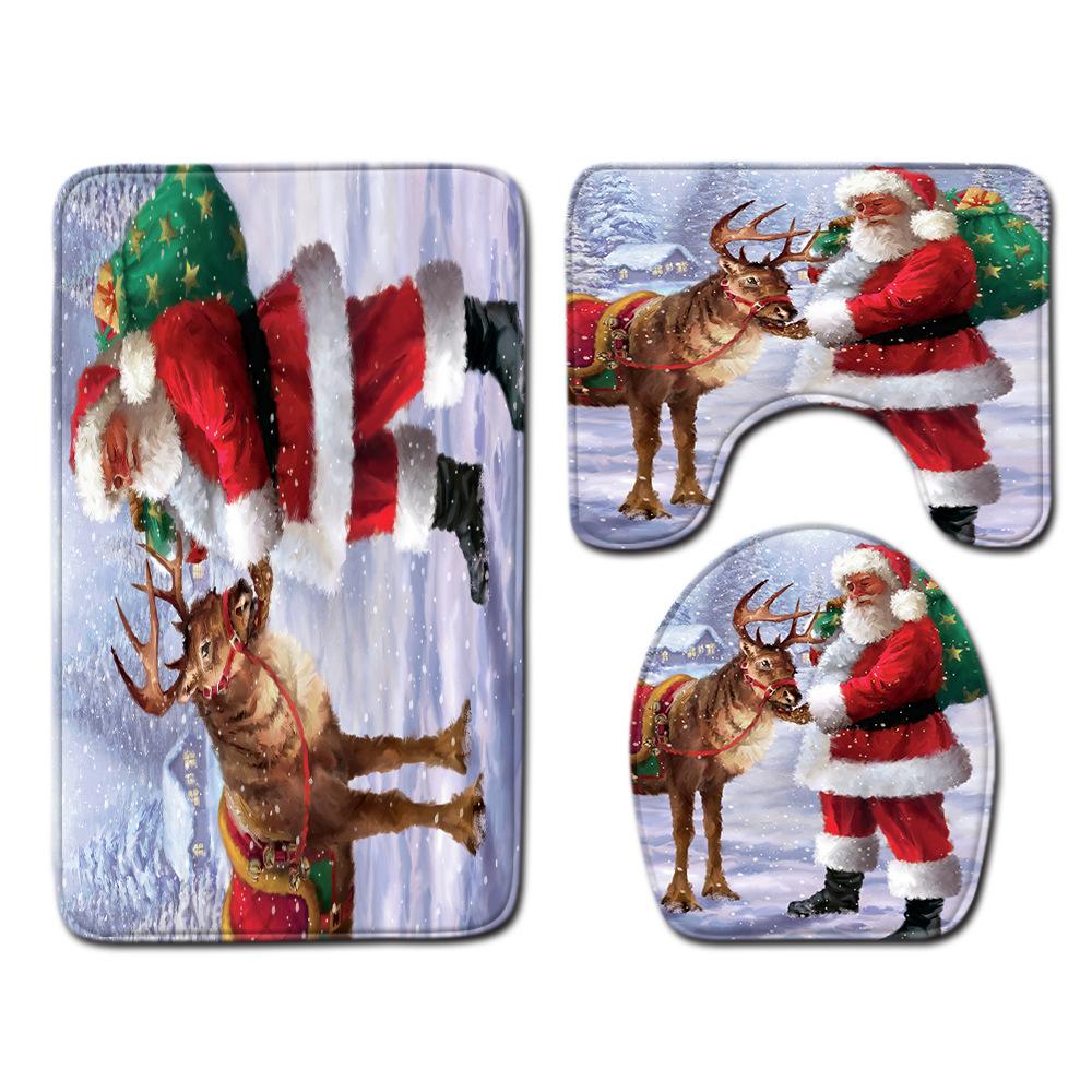Christmas Shower Curtain Floor Mat Combination Four-Piece Set Bathroom Toilet Carpet Shower Room Mat Foot Mat