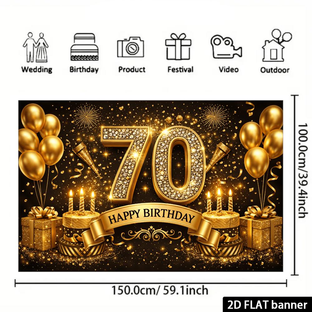 2D flat background banner for 70th birthday party decorated with golden "70" and "Happy Birthday"zyc