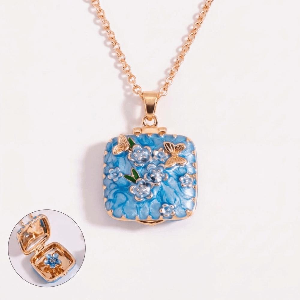 Vintage Enamel Pendant Necklace Floral Butterfly Openable Box Chain Square Locket Necklace  Women