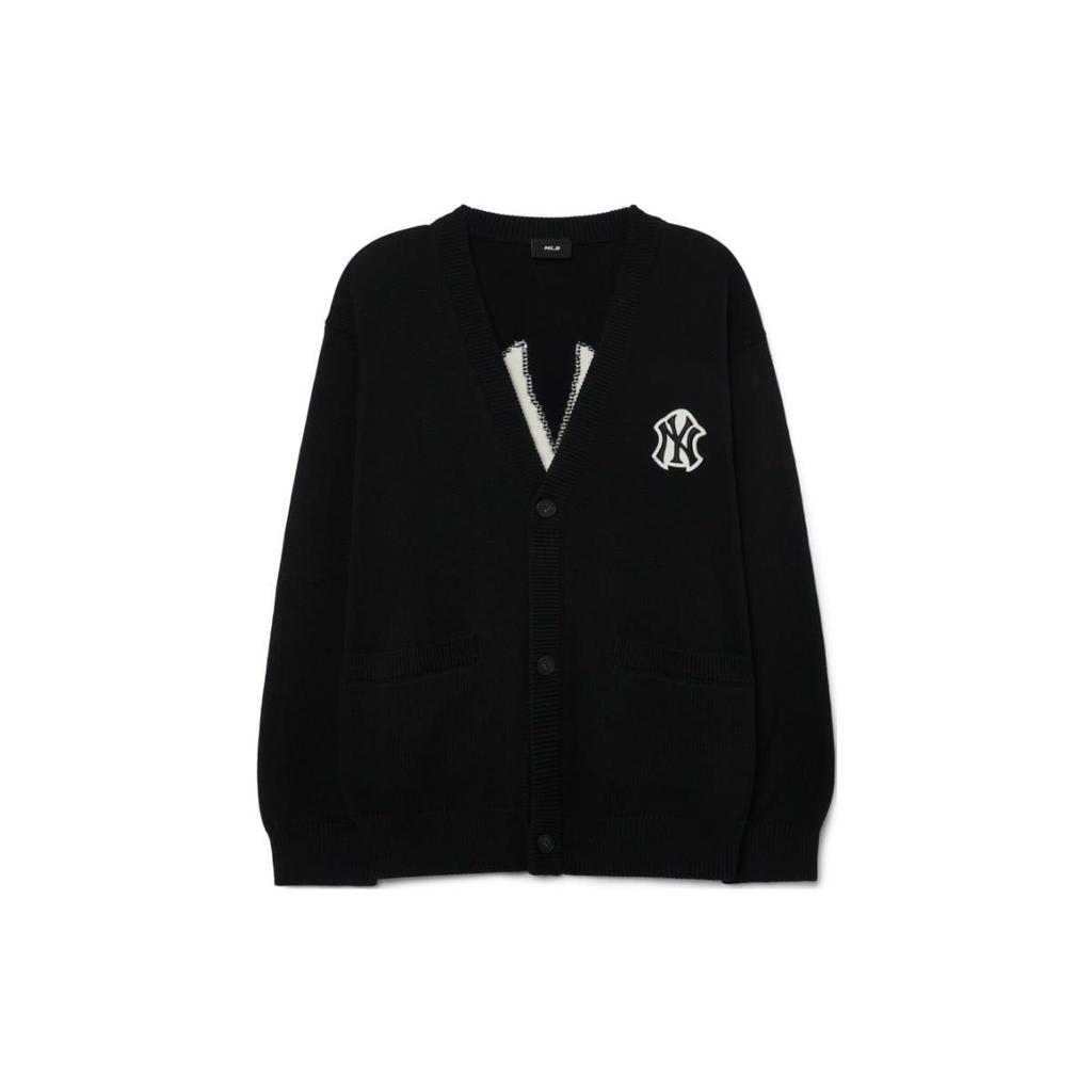 MLB New York Yankees Logo Print V-Neck Knit Top Unisex tops Black 3AKCB0131-50BKS