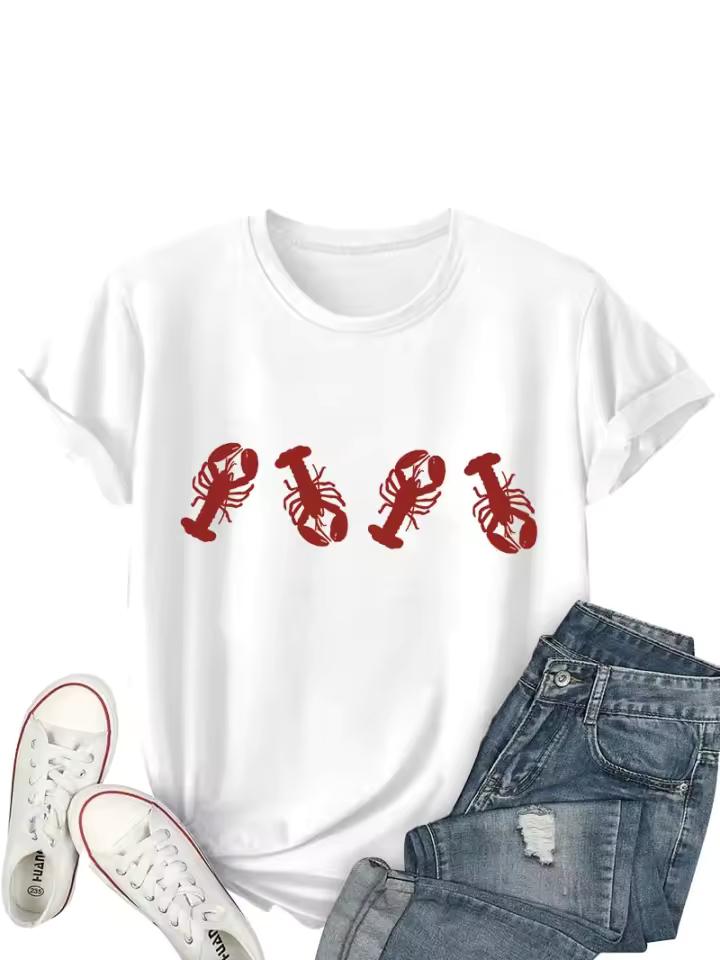 Tops Women Clothes Nautical inspired White T - shirt with Lobster Motif Ideal for Beach Parties and Summer Outings