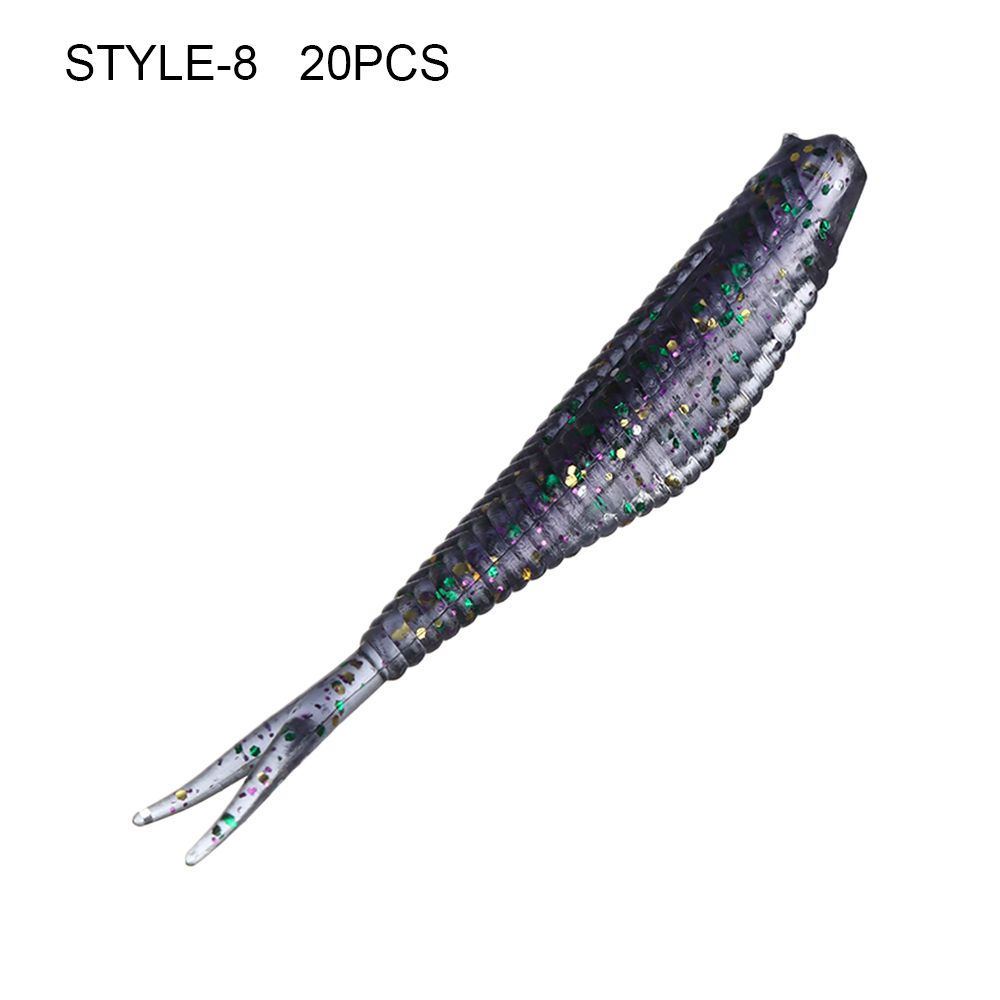 20 шт. силиконовые двухцветные блестки для рыбалки, мягкая искусственная приманка, червь, раздвоенный хвост