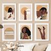 Elegant Abstract African Girl Wall Art with Sun Coffee HD Canvas Print Poster for Living Room Bedroom Decor