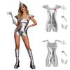 Womens Costume Sequin Heart Metallic Jumpsuit Tiered Cap Sleeve Back Invisible Zipper Bodysuit Hat Axe Gloves