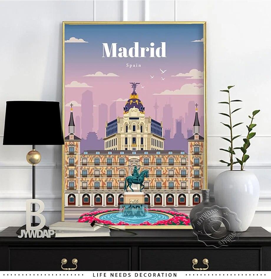 Плакат о путешествиях по городам мира, Япония Токио Плакат Осака, Испания Мадрид Акварельный принт, Флоренция Милан Сантьяго Чикаго Декор стен без рамки