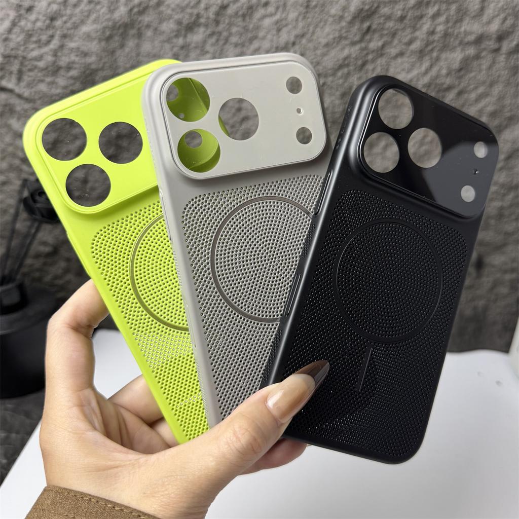 Breathable Heat Dissipation Mesh Case for iPhone 17 Air 16 15 14 13 12 Pro Max For Magsafe Glass Lens Protection Hard PC Cover