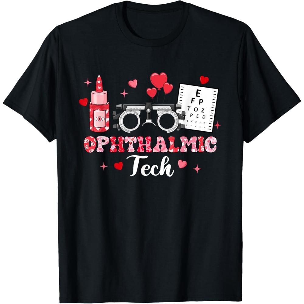 Ophthalmic Tech Eye Test Glasses Hearts Valentine's Day T-Shirt