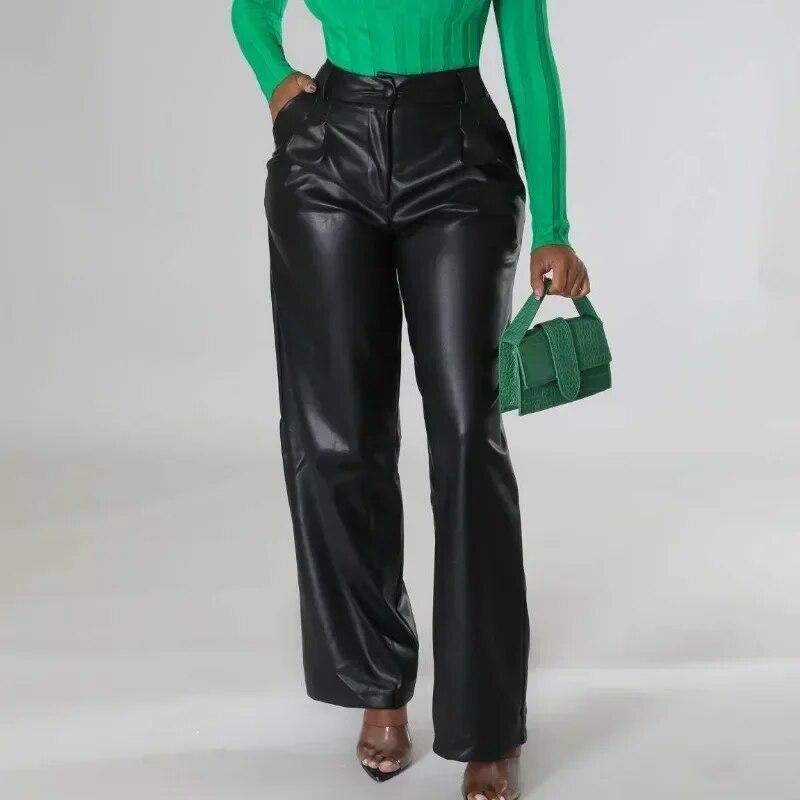 2023 Fashion Women PU Pants Autumn And Winter Casual Vinage Pocket Trousers Loose Wide Leg Leather Pants Elegant Pantalon 30033