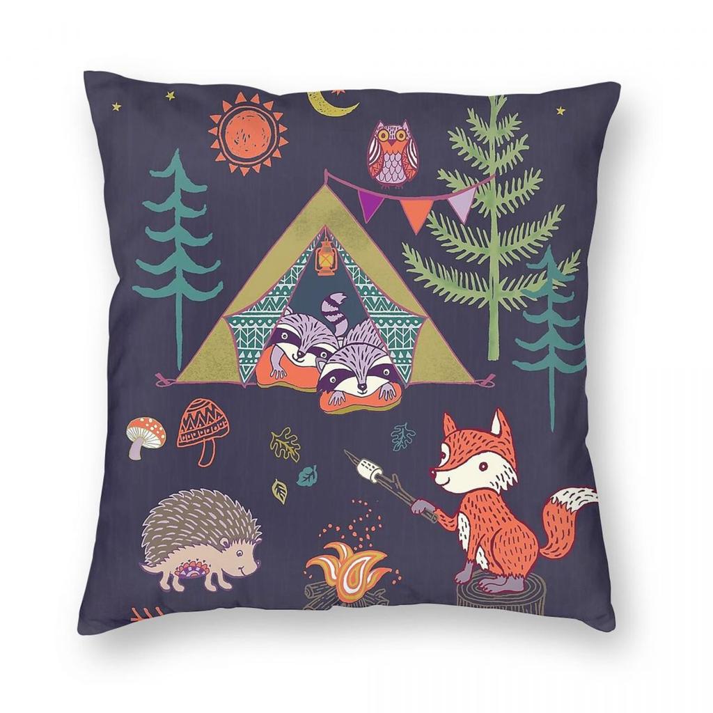 Woodland Animals Campout Square Pillowcase Polyester Linen Velvet Creative Zip Decor Pillow Case Car Cushion Case 18"
