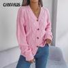 Autumn and Winter Women's Casual V-neck Lantern Sleeve Twist Button Knit Cardigan Sweater Jacket