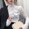 Turtleneck Pullover Blouse Stylish Solid Color Stretchy Crochet Hollow Floral Lace Top