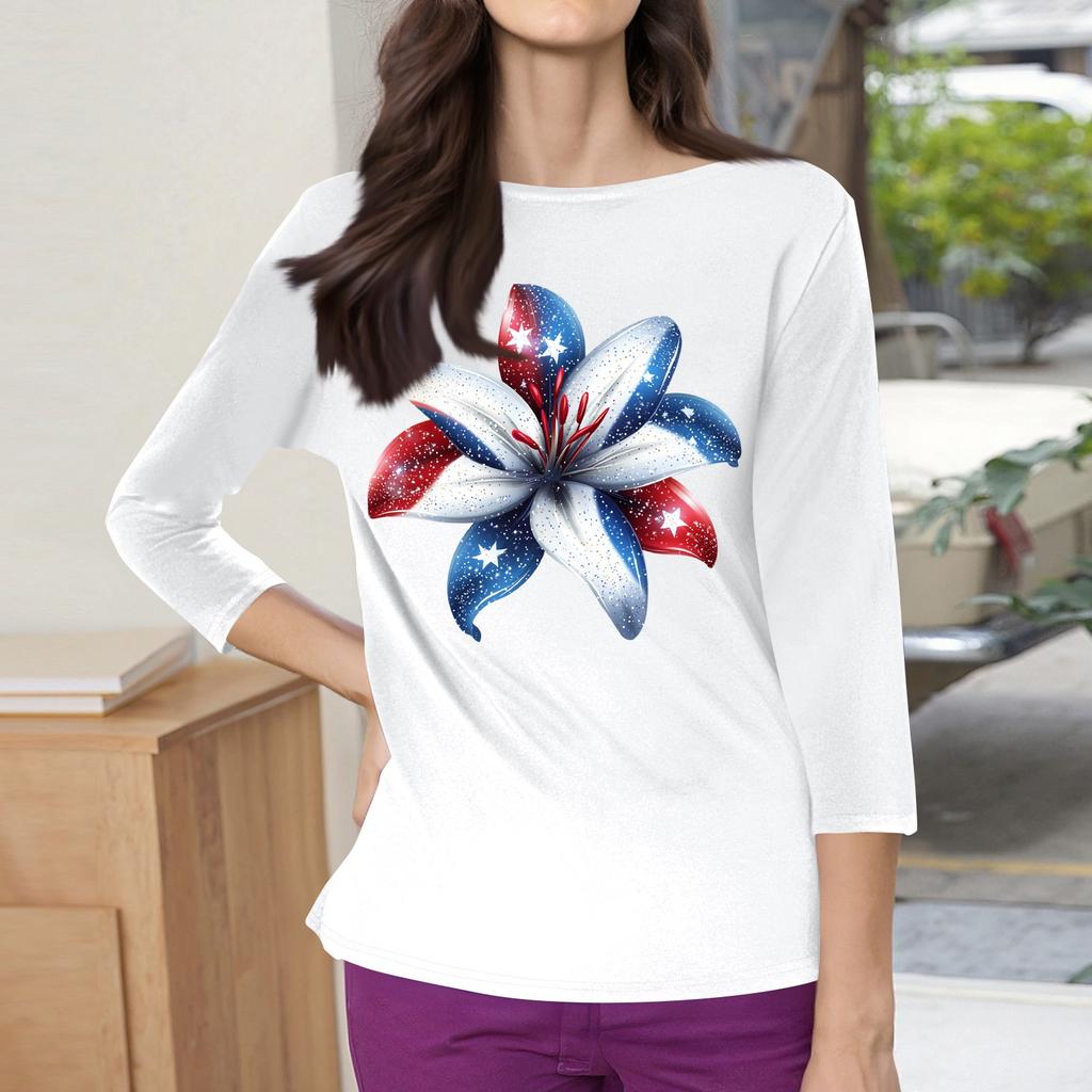 3/4 Sleeve Tops For Women T-Shirt Casual Print Tops T Shirt Round Neck Pullover Blouse